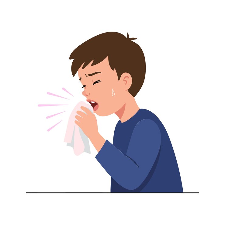 Vector a young boy with brown hair sneezing into a handkerchief while showing signs of discomfort in a flat vector illustration