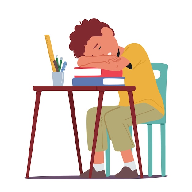 Vector young boy with learning issues rests his head on a cluttered desk with books displaying a poignant image of determination amid difficulties due to autism disease cartoon people vector illustration