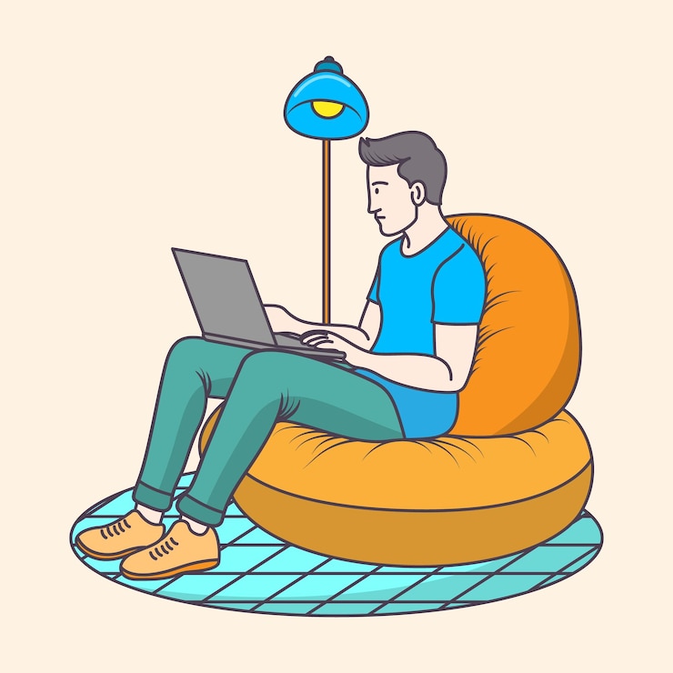 Vector young boy working on a bean bag chair with a laptop using from home flat coloring line art mini