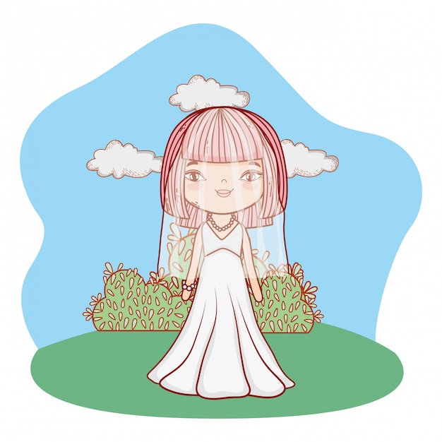 Young bride outdoors landscape cartoon