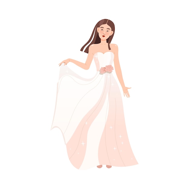 young bride in white wedding dress standing as newlywed or just married female vector illustration