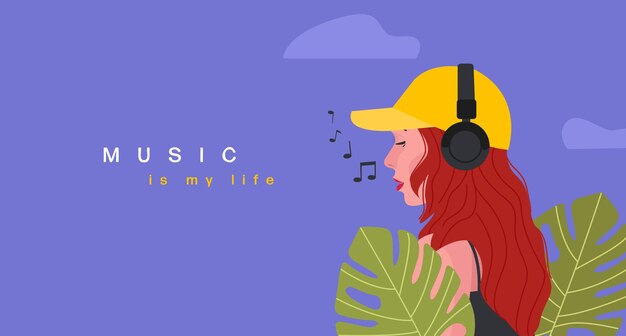 Vector young brownhaired girl in a cap and headphones listens and sings to music music is my life