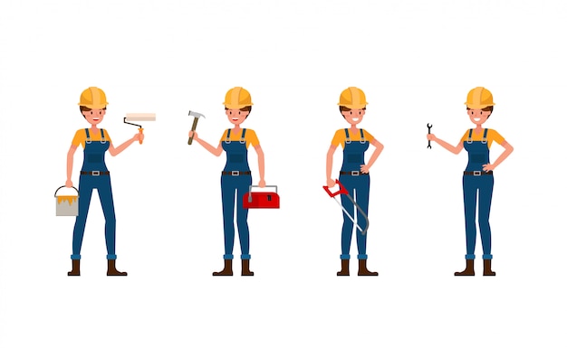 Young builder woman in blue uniform   character design.