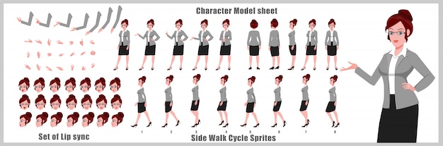 Vettore foglio di modello del personaggio di young business girl con animazioni del ciclo di camminata e sincronizzazione labiale