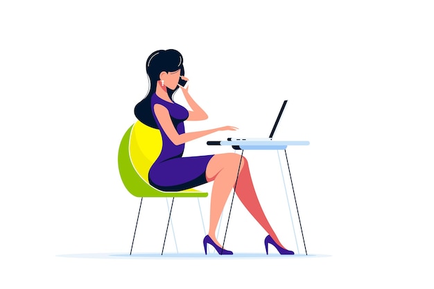 オフィスのデスクでラップトップに取り組んでいる若いビジネスレディ。フラットスタイルのイラスト