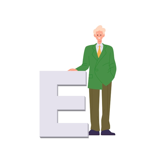 Young business man cartoon character wearing formal suit standing nearby uppercase letter e isolated on white background Vector illustration of student of business school enjoying education