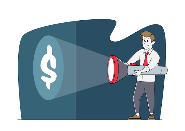 Vector young business man character in formal suit holding huge flashlight lighting up dollar sign on wall, searching money, way to earn, uncovering hidden income source metaphor