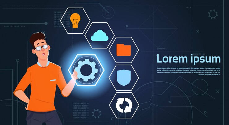 Vector young business man choose virtual icons, touching buttons 