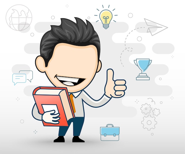 Young business man holding book smiling happy and positive flat design concept in cartoon style