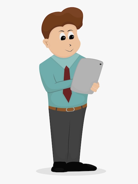 young business man holding a tablet computer Flat vector illustration isolated on white background