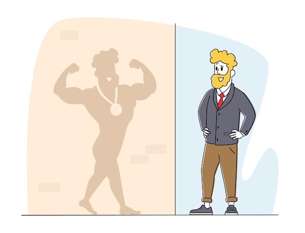 Vector young business man looking on shadow on wall imagine himself sportsman winner with medal. male character smiling, posing, show biceps