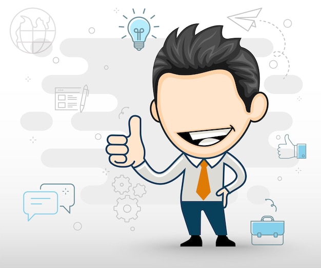 Young business man smiling happy and  gesture thumb up flat design in cartoon style