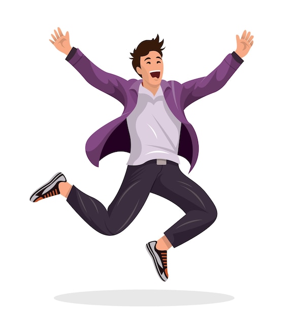 Vector young business man with happy face vector design man fashionable with jumping celebration white bg