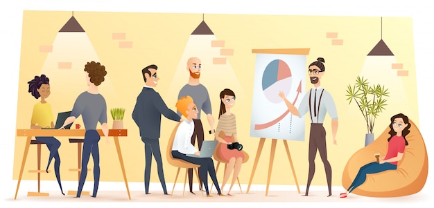 Young business team in coworking cartoon vector