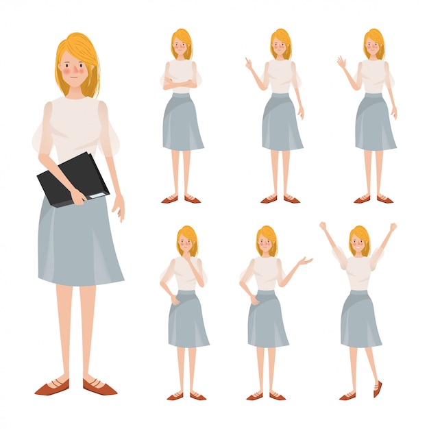 Vector young business woman character animation different pose.