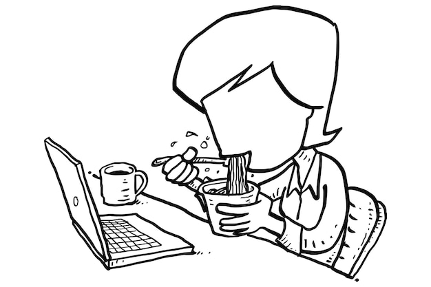 Giovane donna d'affari che mangia gustosi noodle istantanei piccanti concetto di tempo di pausa disegno di illustrazione vettoriale cartone animato