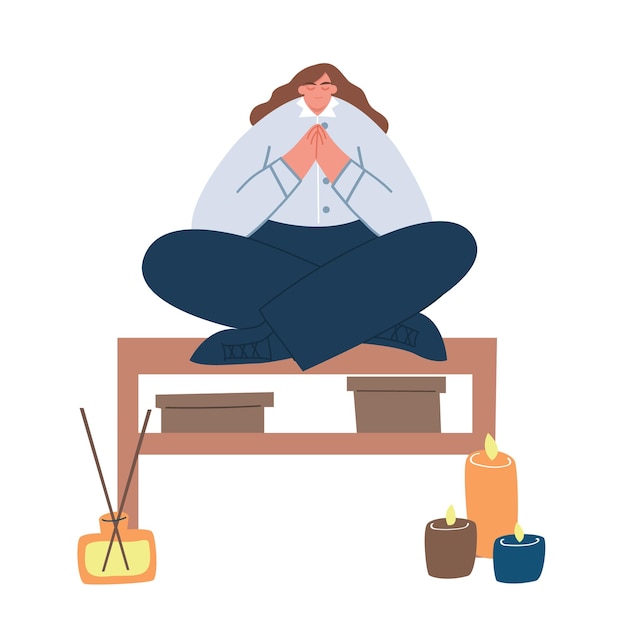 A young business woman is engaged in meditation the concept of relaxation and rest from work the girl concentrates her thoughts cartoon vector flat illustration