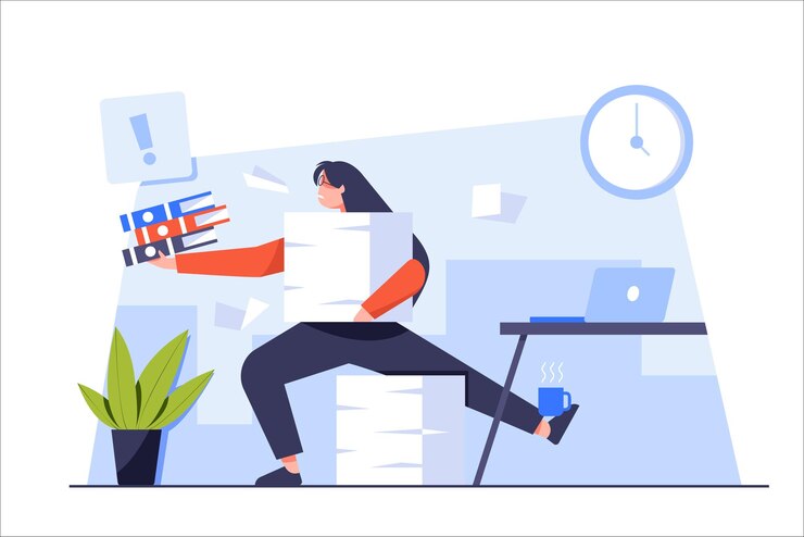 Vector young business woman and multitasking work in company office vector cartoon flat character design