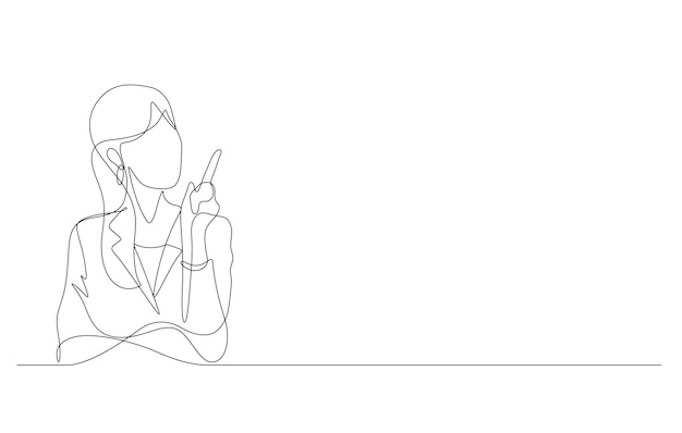 Young business woman pointing finger up having an idea in one line drawing