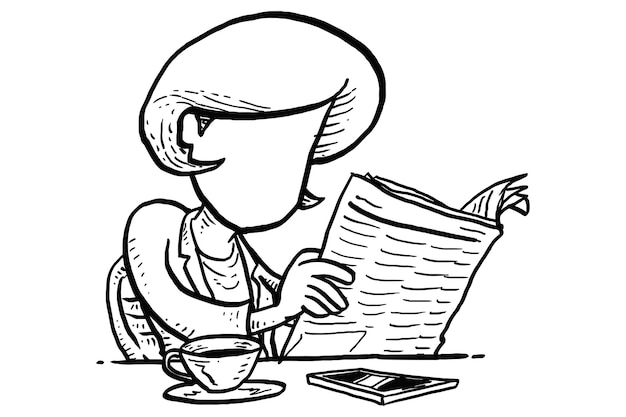 コーヒー ブレーク漫画ベクトル イラスト デザインで新聞を読む若いビジネス女性