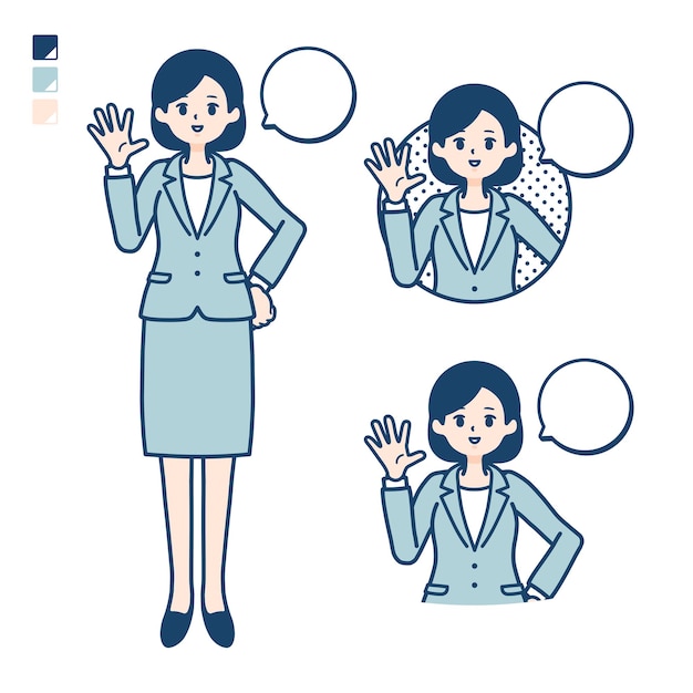 A young Business woman in a suit with greeting images.
It's vector art so it's easy to edit.