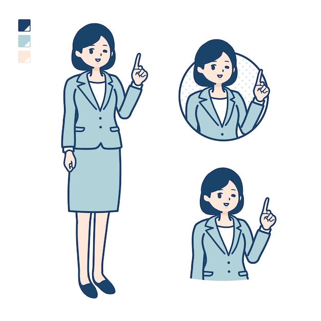 A young Business woman in a suit with pointing hand sign images.
It's vector art so it's easy to edit.