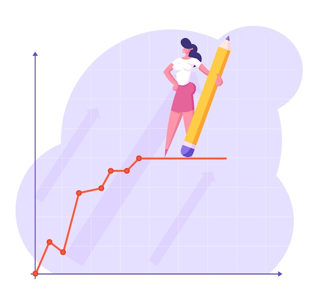 Вектор Молодая деловая женщина с огромным карандашом в руке стоит на вершине финансового роста