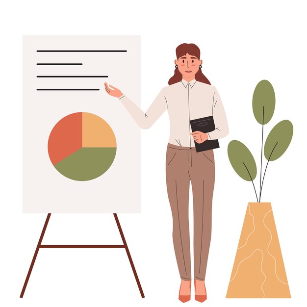 Vector young business woman with a presentation screenbusiness lady or company worker