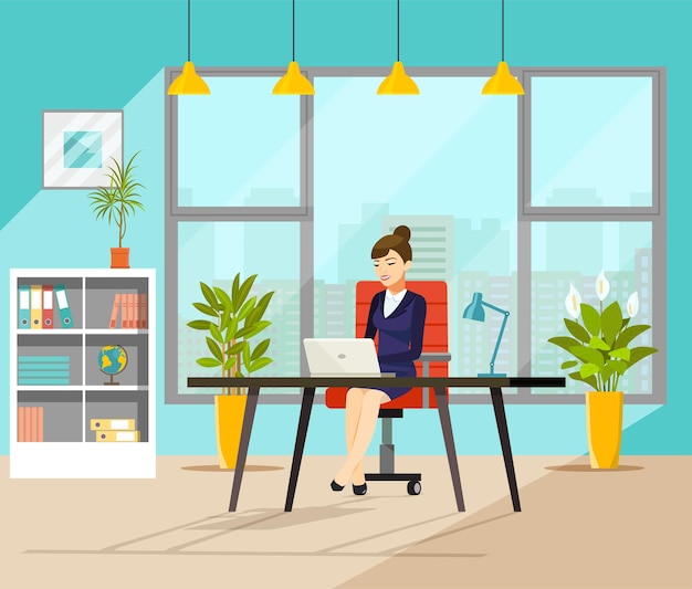 Young business woman working at her office Vector flat style illustration