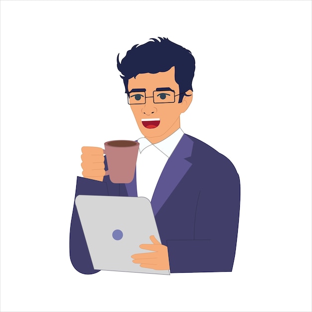 Young Businessman Drinking Coffee and Watching Tablet Businessman Illustration Boy Vector