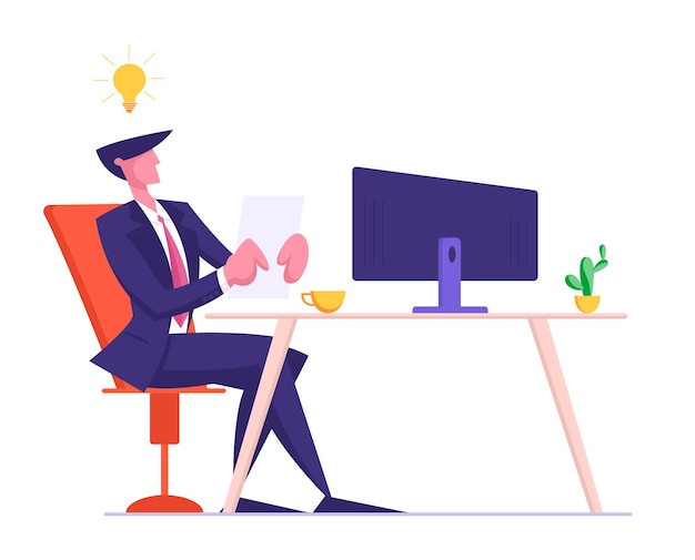 young businessman in formal suit sitting at computer monitor