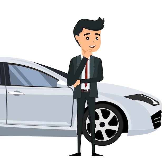 Vector young businessman in front of his car