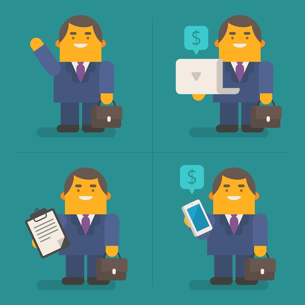 Young businessman holding laptop mobile phone tablet. Exclusive Characters Pack. Vector Illustration