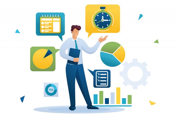 Vector young businessman is engaged in time management. distribution of tasks. flat character. concept for web design