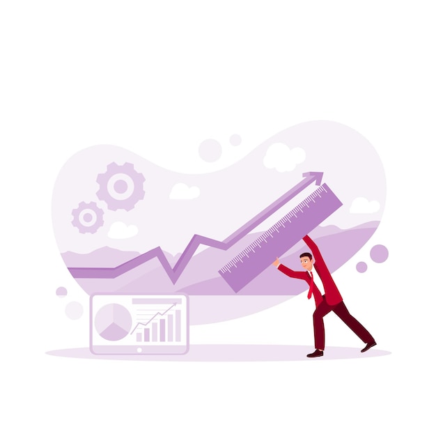 Young businessman measuring arrows with a ruler Change management concept