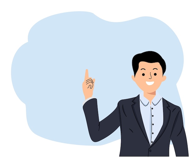 Vector young businessman pointing finger up to indicate promotion or advertising with excited expression