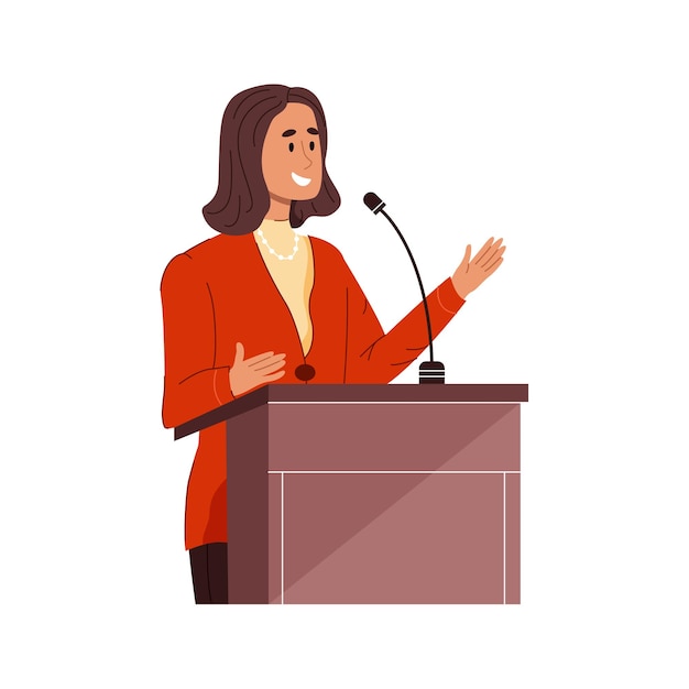 Vector young businessman or politician woman speaks into microphone standing behind podium female leader