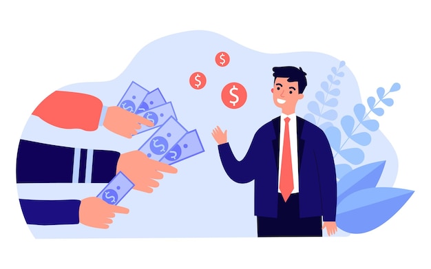 Young businessman receiving many lucrative money offers. flat vector illustration. many hands holding out banknotes and coins to man in suit. money, demand, profession, financial success, concept