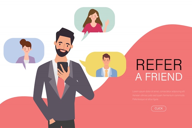 Young businessman refer a friend with smartphone.