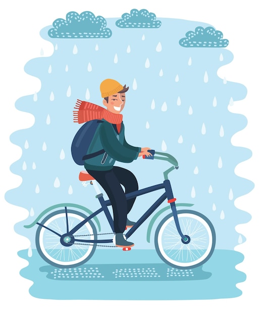 Young businessman rides a bike with umbrella