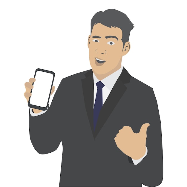 young businessman showing blank mobile, cell phone and thumb up vector