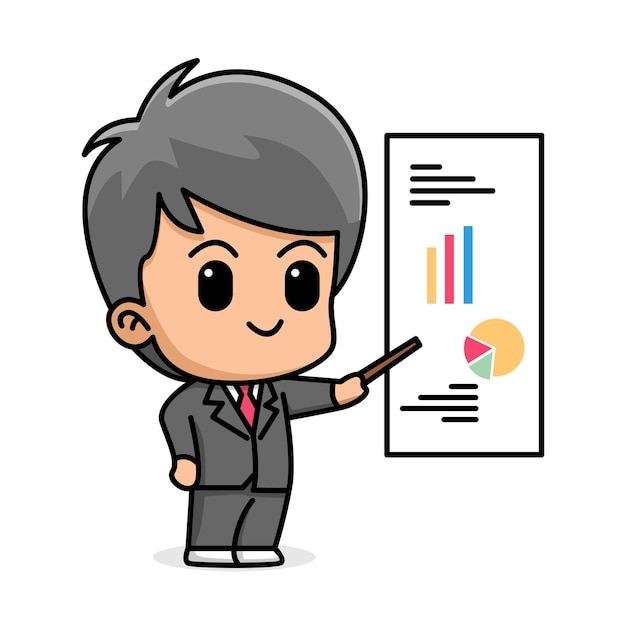 Young businessman showing presenter white board cartoon illustration