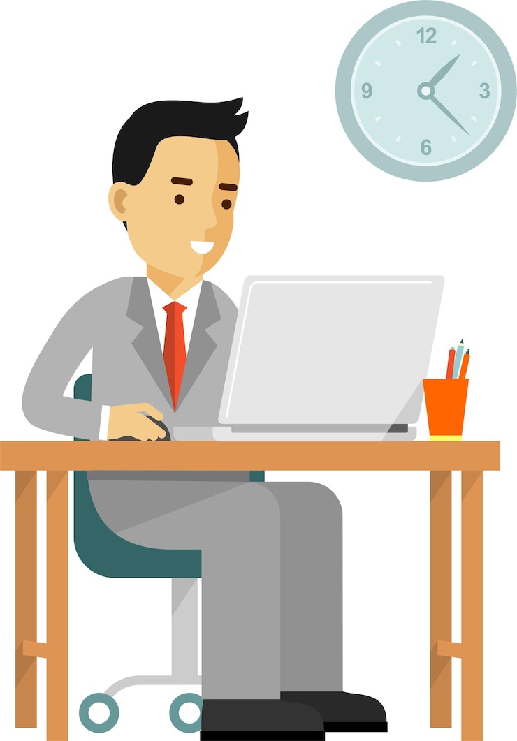 Vector young businessman sits at desk and uses computer at work office workplace
