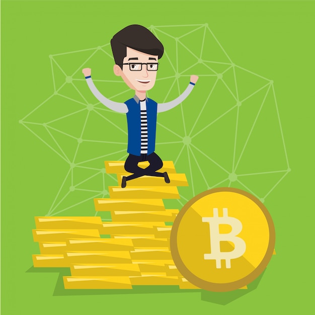 벡터 골드 bitcoin 동전에 앉아 젊은 사업가.