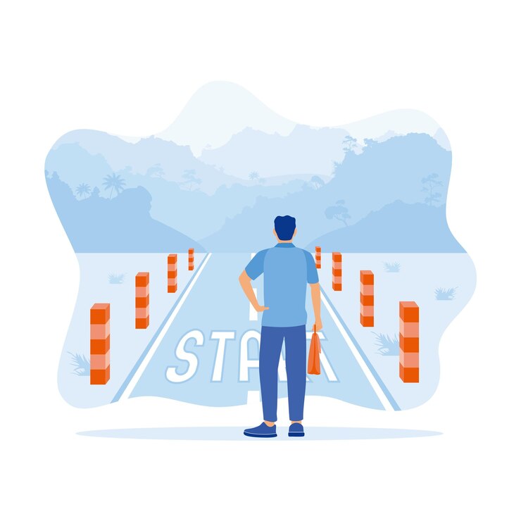 Vector young businessman standing at the starting line get ready to start a new business towards success