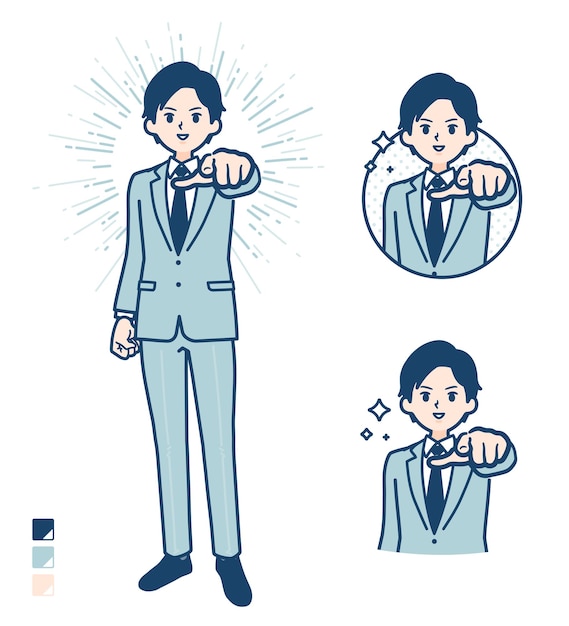A young Businessman in a suit with Pointing to the front images.
It's vector art so it's easy to edit.