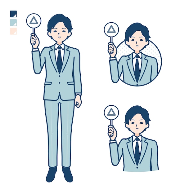 A young Businessman in a suit with Put out a Triangle panel image.
It's vector art so it's easy to edit.
