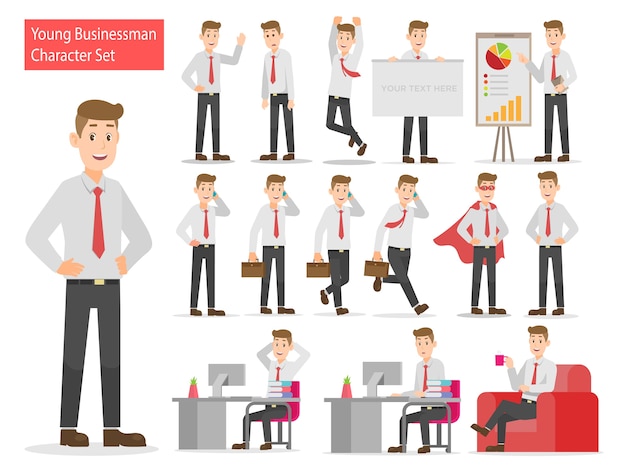 Vector young businessman working character design set