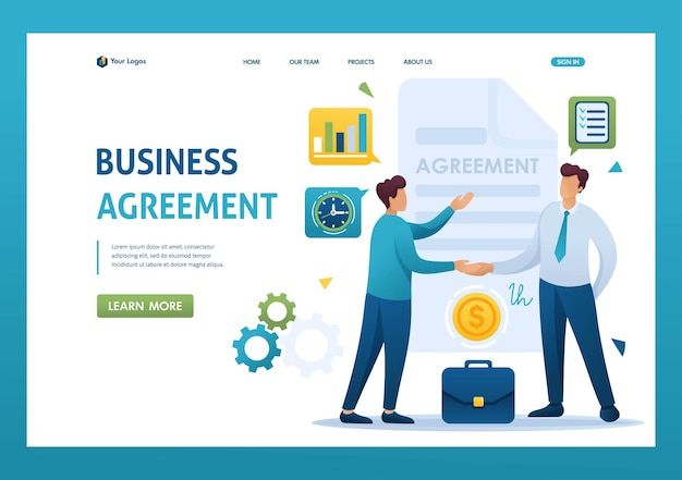 Young Businessmen 계약 파트너 성장 수익 일정 플랫 2D 캐릭터 랜딩 페이지 개념 및 웹 디자인