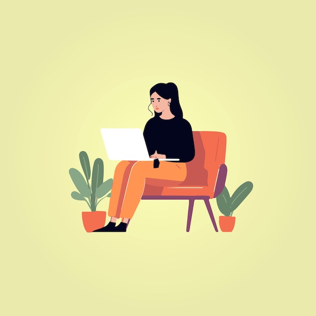 Vector young businesswoman sitting down working on notebook